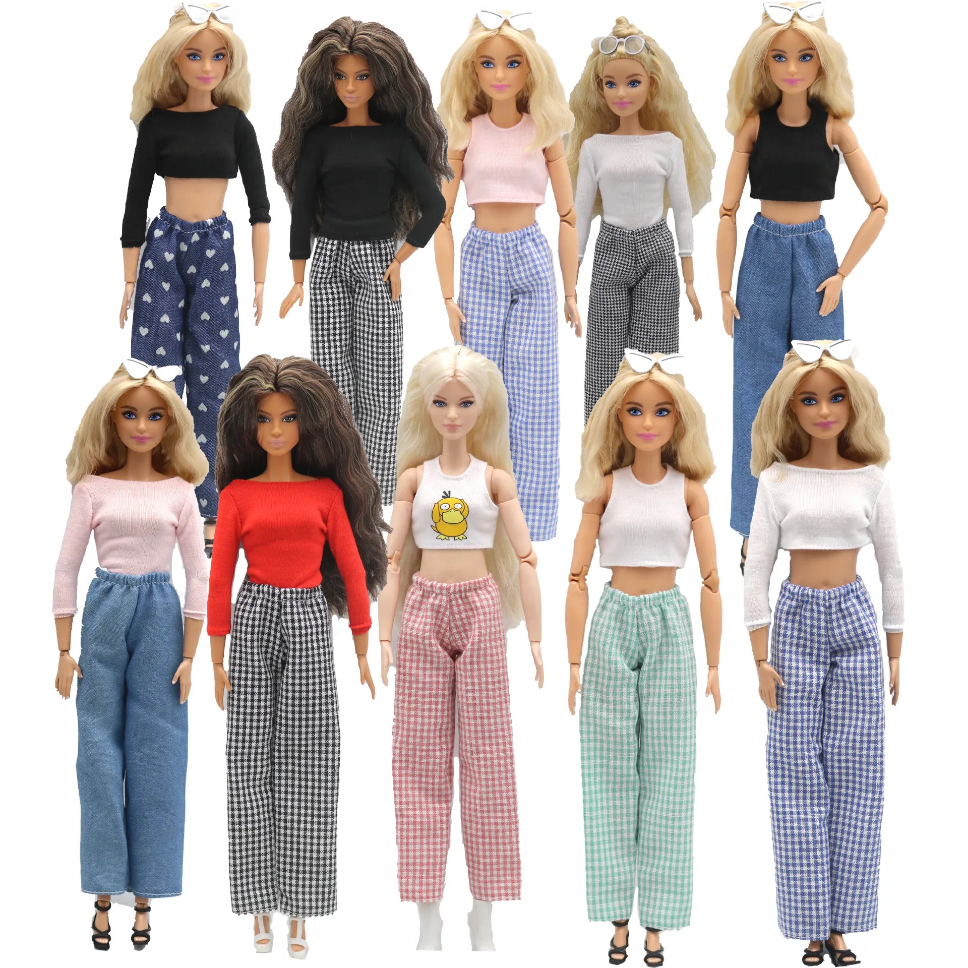 New 1/6 Doll Clothes Fashion Sleeveless Top and Casual Pants Denim Grid Daily Wear Accessories Clothes for Barbie Doll