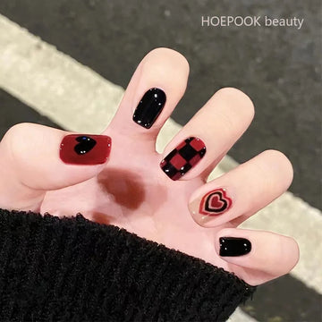 24 -stks zwart rood rooster hart volledige dekking waterdichte nep nagels kunstmatige acrylpers op nageltips verwijderbare valse nagels set