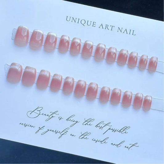 Wearable Manicure French Fake Nails Cat's Eye Medium Length False Nail Square Head Faux Fingernails Press on Nails Girl