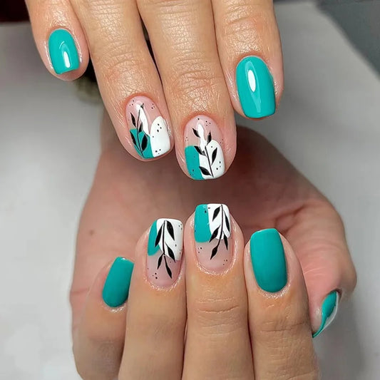 24 -stks schattige korte vierkante kop valse nagels eenvoudige groene nep nagels met kleurrijke bloemen ontwerp draagbare pers op nagels nagels tips