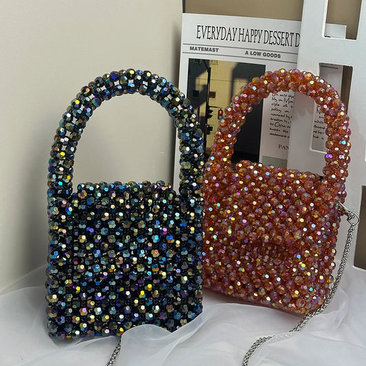 Luxury Bling Acrylic Beads Handbags Handamde Woven Box Crossbody Bags Long Metal Chain Shiny Crystal Evening Party Box Bag