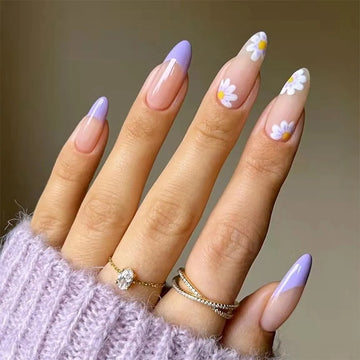 24pcs/Box frische Blumenmandel False Nägel auf Nägel abnehmbarer gefälschter Nagel Tipp lila mit Design -Maniküre -Flecken auf