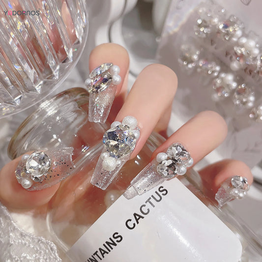 24Pcs Long Ballerina Fake Nails Sparkly Diamond Designs Press on Nails White Pearl Clear False Nails for Women Bride Wedding