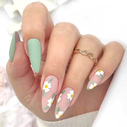 24 st/Box Blue Almond False Nails With Flower Diamond Wearable French Stiletto Fake Nails Full Cover Nail Tips Press On Nails
