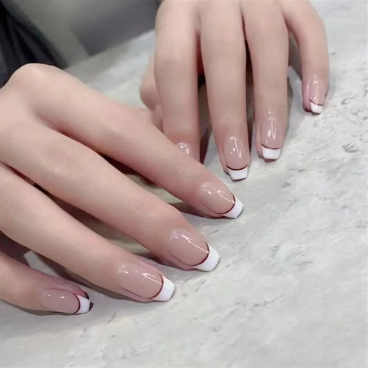 24 st enkla franska falska naglar avtagbara t korta balett falska naglar press på naglar fullt nagelspetsar som bär diamant naglar