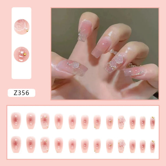 24 stks Koreaanse 3D reliëf Camellia Press on Nails Art Artificial Acryl Lange Wearable Fake Nails Volledige dekking valse nagelstukken