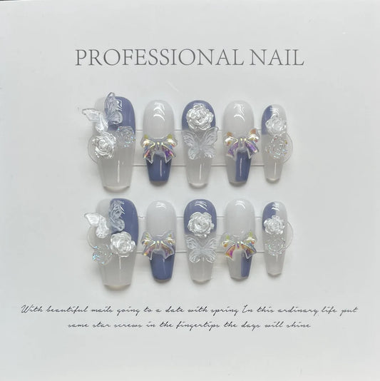 Handgemaakte Koreaanse druk op nagels korte roze blauw ster 3D ontwerp herbruikbare lijm valse nagels acryl full cover nagel tip nail art