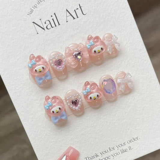 Handmade Kawaii Pink Press on Nails Short Cute Korean Fairy Design Full Cover Nails Tips Reusable Adhesive Fake Nails for Girls