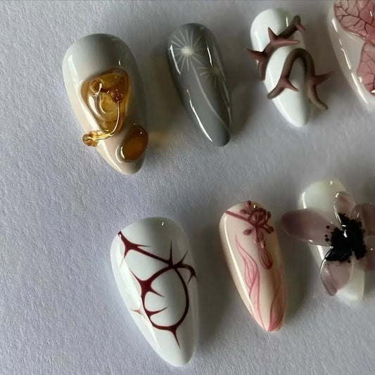 10 Pcs Handmade Manicure Medium Almond Fake Nails 2024 New 3D Limited Nails Press On Nails Design with Adhesive Nail File Set