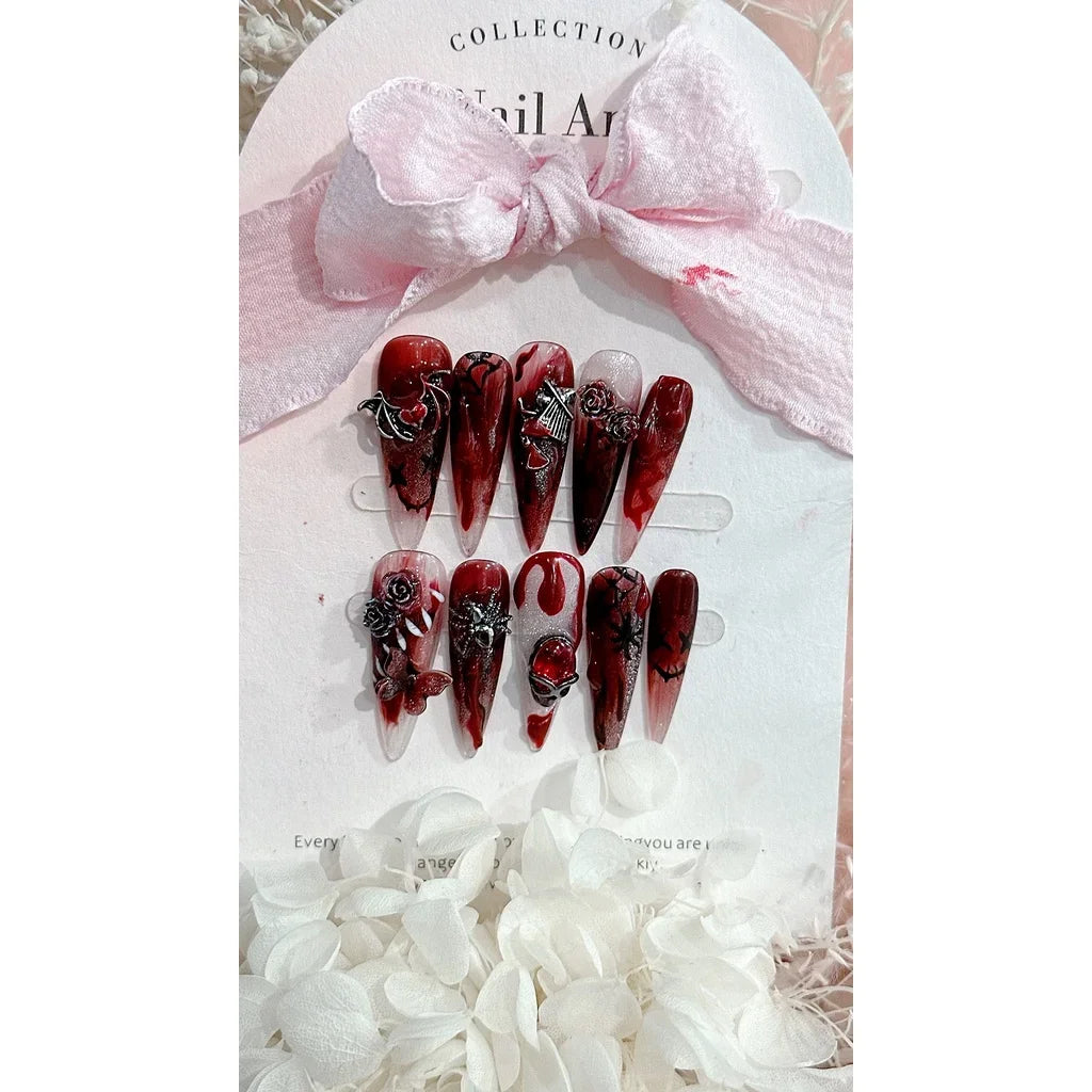 Halloween Event Handmade Wear Nails Flying on A Broomstick Nail Art Patches Blood Sacrifice Removable Fake Nails