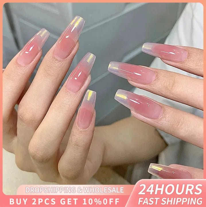 24pcs Gradient Pink Fake Nails Sparkling Aurora Manicure Glitter Design False Nail Detachable Press On Nail Art Gel Nail sticker