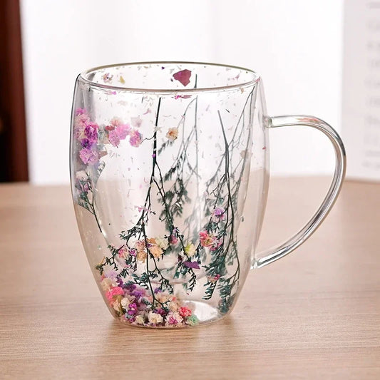 Enchimento de flores secas de parede dupla copo de copo de copo tropical Handeld, xícara de chá xícara de chá de leite copo de caneca bebendo copos