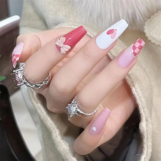 24Pcs/Set White Bowknot Wearable Fake Nails Love with Diamonds Cute Girls Reusable Press on Nail Tips Long Ballet Stick on Nails