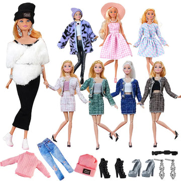1 Juego de ropa de Barbie, traje de moda, falda de fiesta, bonito abrigo de felpa, vestido, suéteres, pantalones vaqueros, sombreros, ropa para accesorios de la muñeca Barbie de 30cm