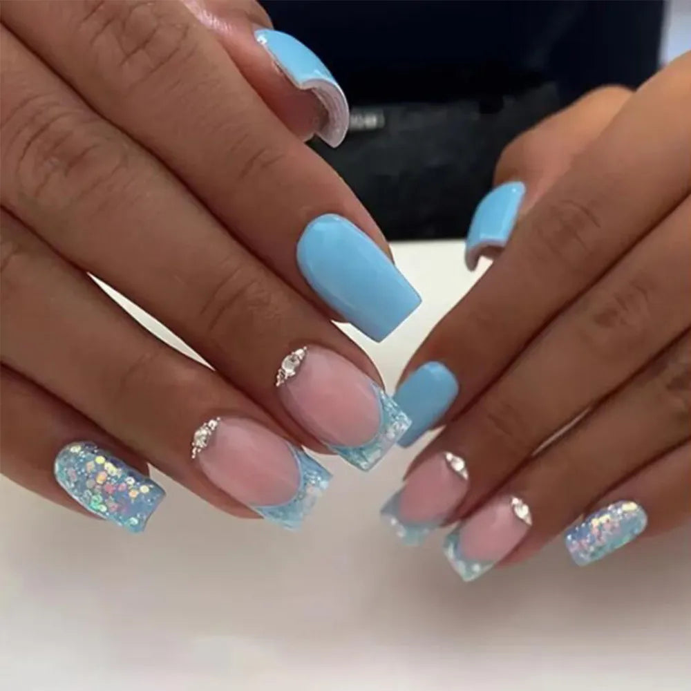 24 -stcs Medium vierkant druk op nagels blauwe Franse stijl valse nagels met strass glanzende glanzende herbruikbare nepnagels voor vrouwen