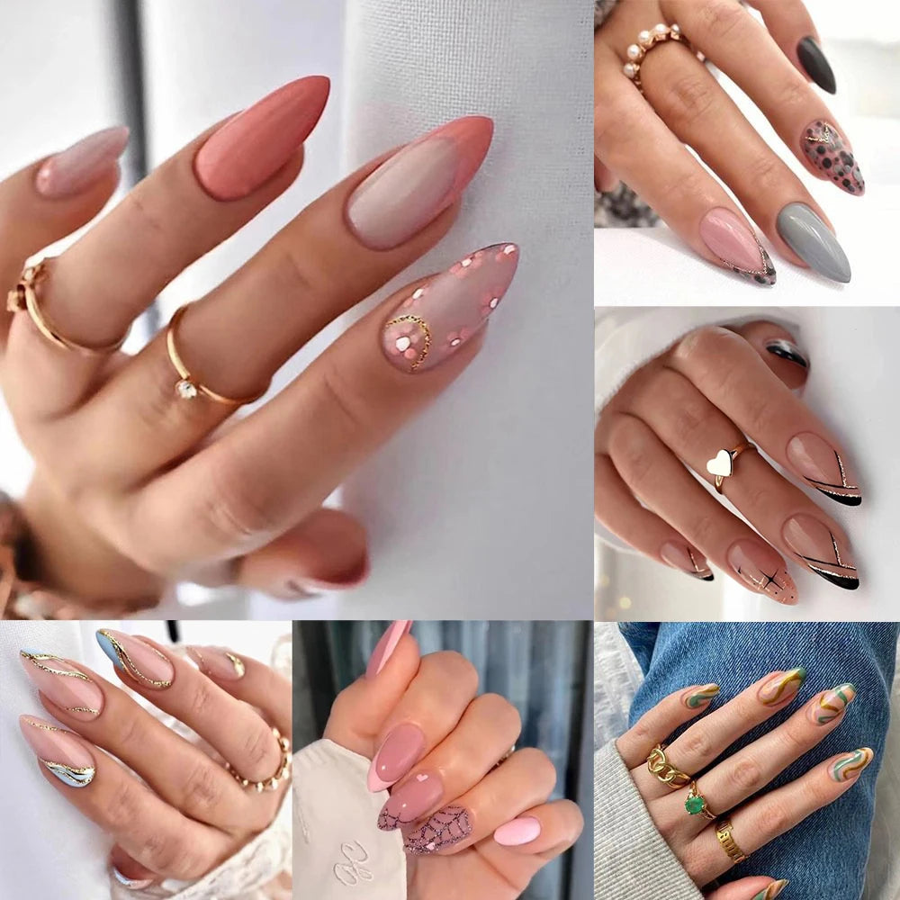 24 st long mandel falska naglar franska vågiga falska nagelspik tips diy fullt omslag avtagbar