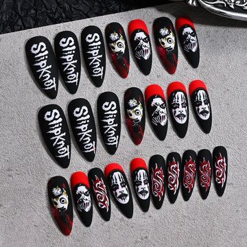 Press on Nails Halloween Medium Length Coffin Black Fake Nails Scary Mask Face Nail Tips Halloween Design 3D Glossy Acylic Nails