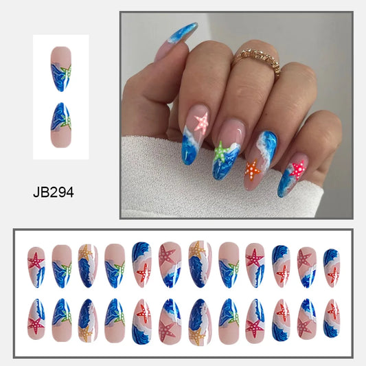 2024 Starfish Fake Nails Summer Blue Sea Almond Press on Nails Ins Sweet Fashion False Nails Tips for Girl Women Wearable