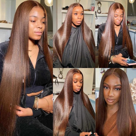 Sleek Chocolate Brown Color 4# Brazilan Straight Lace Frontal 13x5 Human Hair Wigs HD Lace Transparent Wig Natural Remy Glueless