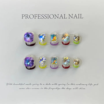 516-530 Number French Colorful Handmade Nails With Bricks Professional Wearable Advanced Press On Nails Artificial Manicuree