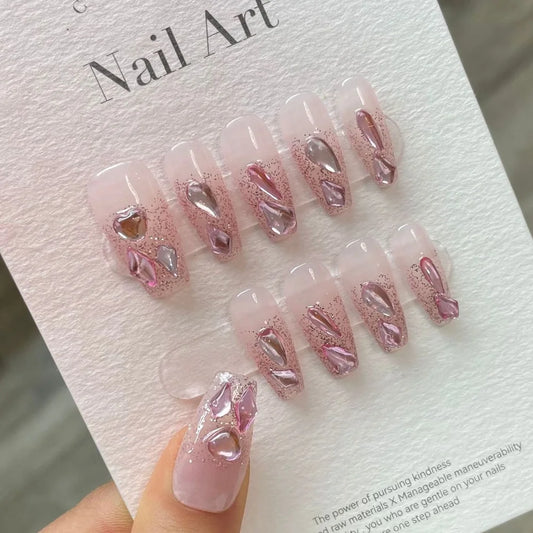 Handmade Short Press on Nails Round Head with Rhinestones Reusable Adfesive False Nail Tip Artifical Wearable Professional Nails