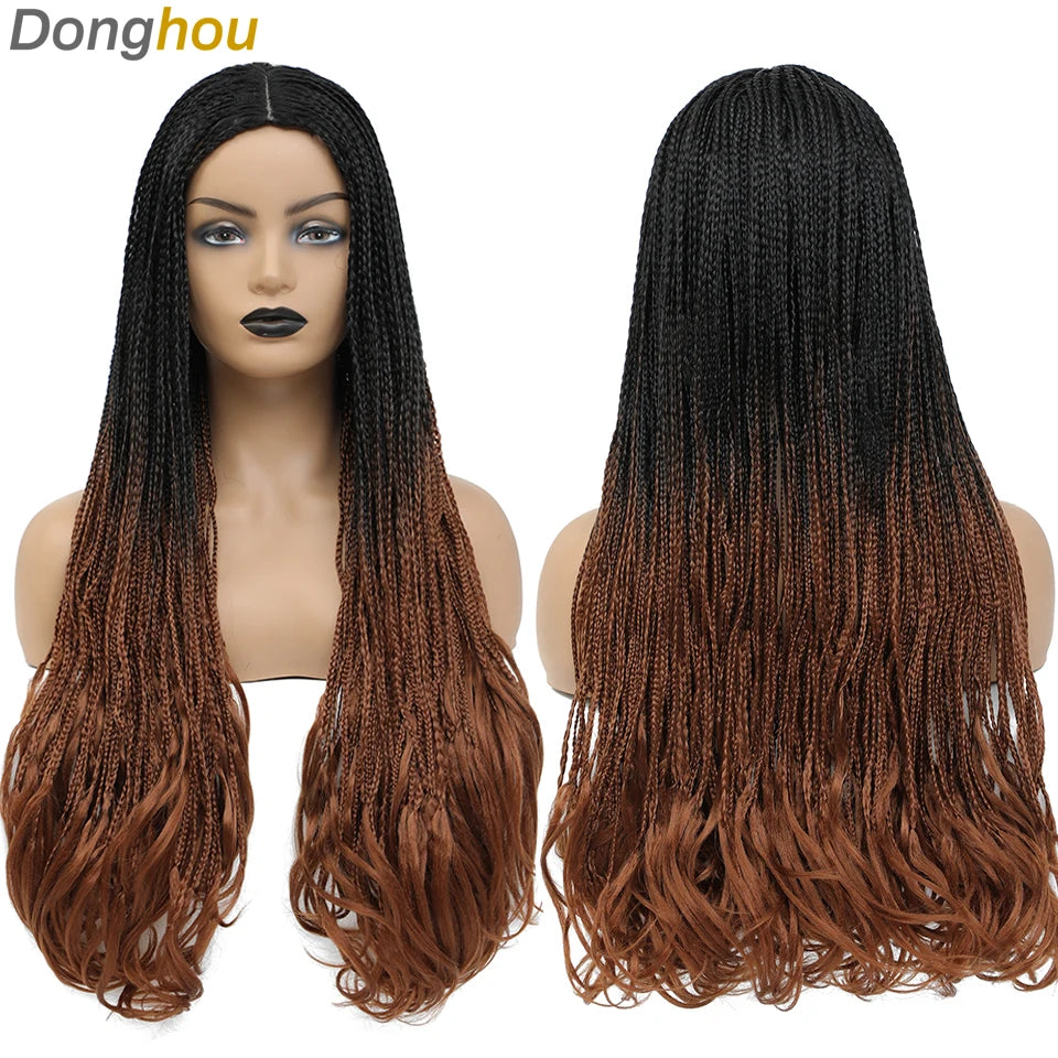 26Inch Braided Wigs Long Box Braid Wig With Wavy End Perruque Tresse Africaine Natte Collée Fake Scalp Heat Resistant Braids Wig