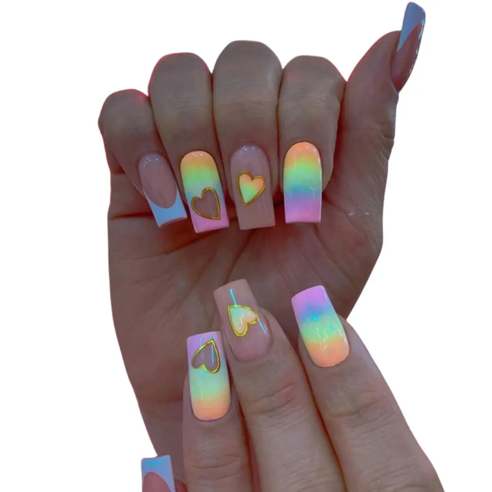 24Pcs Love Rainbow French Manicure Art Fake Nails Cute Medium Long Ballet Square Head False Nail Removable Press On Nail Tip Set