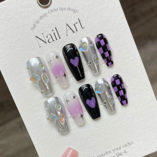 Handgjorda y2k Short Press On Nails Korean Star Heart Design Återanvändbart lim False Nails Purple Acrylic Nail Tips Manicure Grils