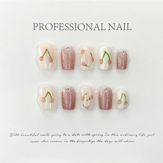 Handmade Cute Nails Set Press on Short with Pearls Kawaii Cherry Fairy Korean Reusable Adhesive False Nails Acrylic Nail Tips