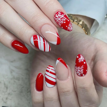 24 -st amandel valse nagels druk op nagels kerstsneeuwvlok nep nagels tips glitter poeder diy volledige deksel afneembare ballet nagel