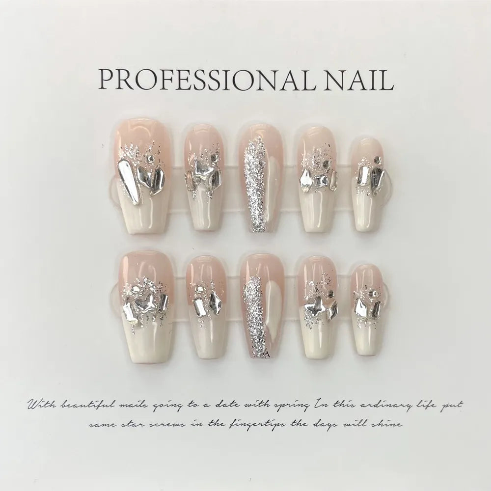 Handmade Fairy Nails Set Press on With Design Medium-length French Reusable Adhesive False Nails Artifical Nail Tips Full Cover