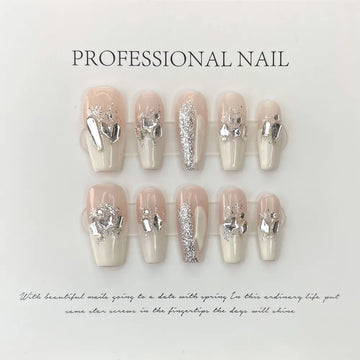 Handgjorda fairy naglar Set Tryck på med design med medellängd fransk återanvändbar limfalsk naglar Artifical Nail Tips Full Cover