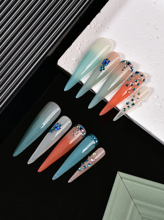 Detachable nail patch, stylish press on nail, set with broken diamonds, gradient colors, and butterfly stickers