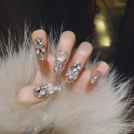 24 st/uppsättningar bröllop brud falska naglar glitter kristall pärla rhinestone nagel lapp full nagel tips nagel kvinnor nagelkonst tips