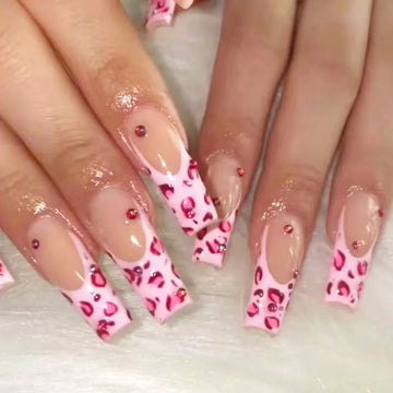 24p Lang ballet rode diamant roze luipaard nagelkunst nep nagels afgewerkte kunstmatige acryl nep nagels verwijderbare pers op nagels set