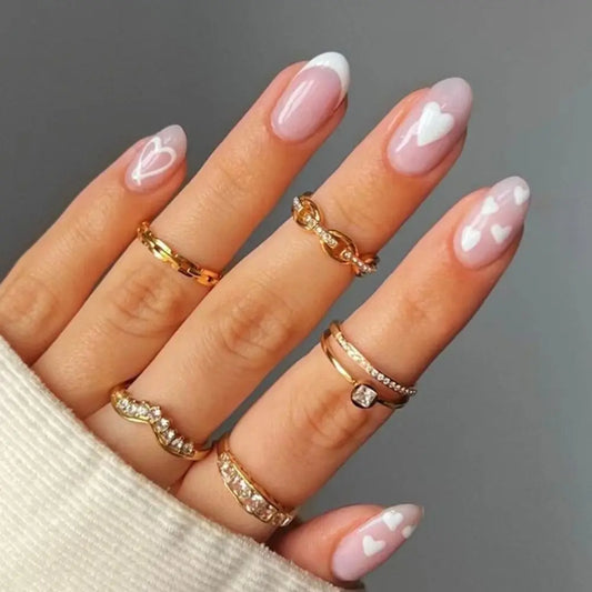 24 st. Långbara mandel falska naglar med vågig design bärbar fransk stilett falska naglar fullt omslag nagelspress på naglar