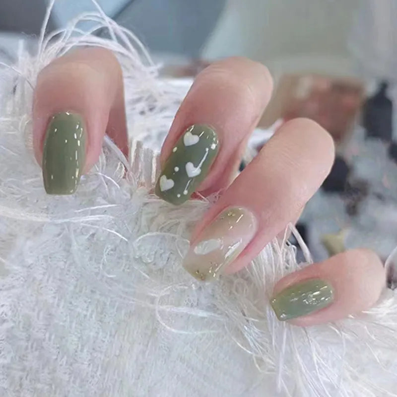 Summer Fresh Green Natural Japanese Korean Style Love Heart Full Cover Finished False Fake Ballet Nail Set Easy To Wear Glue DIY