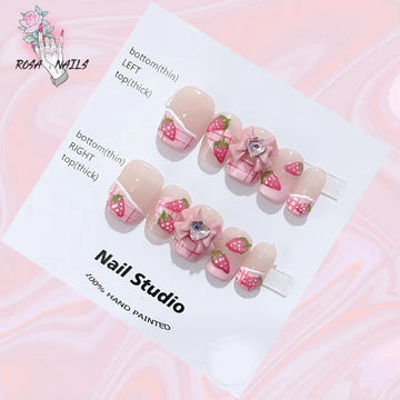 Cute Strawberry Pink Short Handmade Press on Nails Wholesale Kawaii Bows Pressons Bulk Full Cover Square Acrylic False Nail Tips