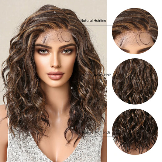 LOUIS FERRE Chocolate Brown Hair With Highlights Short Wavy Synthetic Wigs for Women T Part Lace Wigs for Daily Use Cosplay Hair