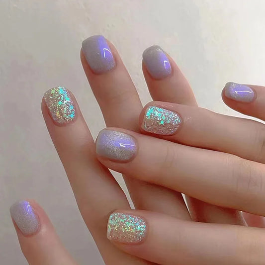 24 piezas Púrpuras Clausas falsas Glitter Cristal cortos Cortos falsos Francos Presiona en las uñas Faux Fingernails puntas de uñas