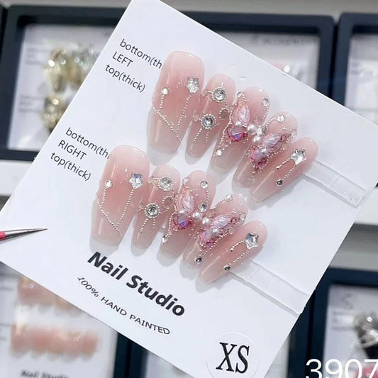 Handmade Y2k Press on Nails Korean Luxury Charms Fairy Design Reusable Wearable Fake Nails Acrylic Full Cover Nail Tips Nail Art