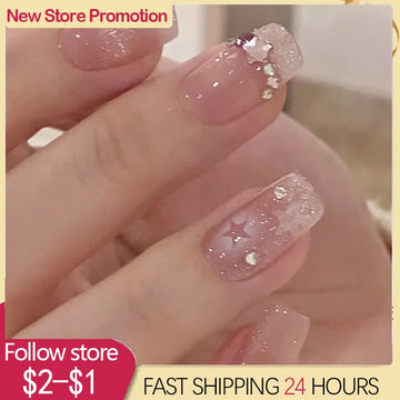 24pcs Wearable Press On Nail Art Full Cover Manicure Ballet False Nails Removable DIY Fake Nails With Glue Short Square Head