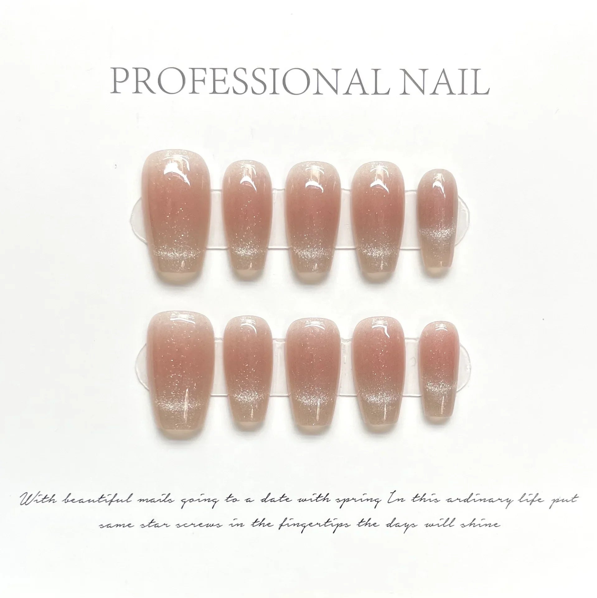 10pcs Pink Handmade Nails Set Peach Cat Eye Press on Nails Long Full Cover Ballet False Nails With Glue Wearable Artificial Nail