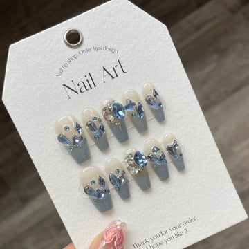 10pcs Gentle Blue Color Fake Nails Glossy Pure Handmake False Nails Reusable Safe Material For Women Wedding Activities Salon