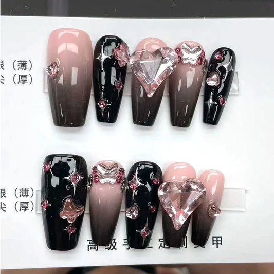 Negro Rosa hecho a mano usable uñas tinta rosa Y2K uñas postizas Spice Girls deslumbrante estilo fresco parche de uñas usable uña extraíble