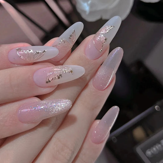 10Pcs Handmade Manicure Long Almond Fake Nails 2024 New Pink Limited Press On Nails Design with Adhesive Nail File Set