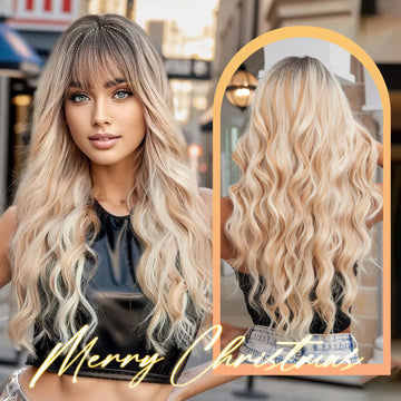Blonde Unicorn Ombre Blonde Brown Synthetic Wig Long Wavy Wigs with Bangs Daily Cosplay Party Use Heat Resistant Fiber for Women