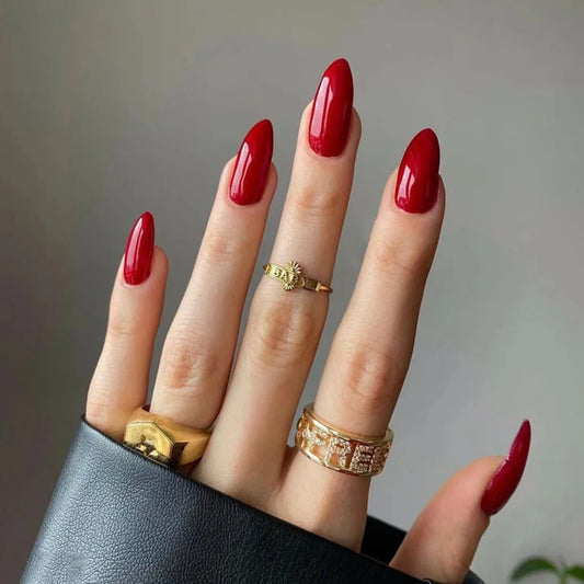 24 -stam amandelvormige draagbare valse nagels gemiddelde kleur Acryl -pers op nagel rode volledige dekking verwijderbare nepnagels