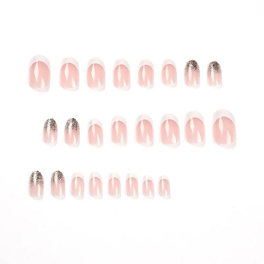 Enkel naken falska naglar konstgjorda mandelpress på akryl vit kant glitter nagelkonst tips korta borttagbara ballerina falska naglar