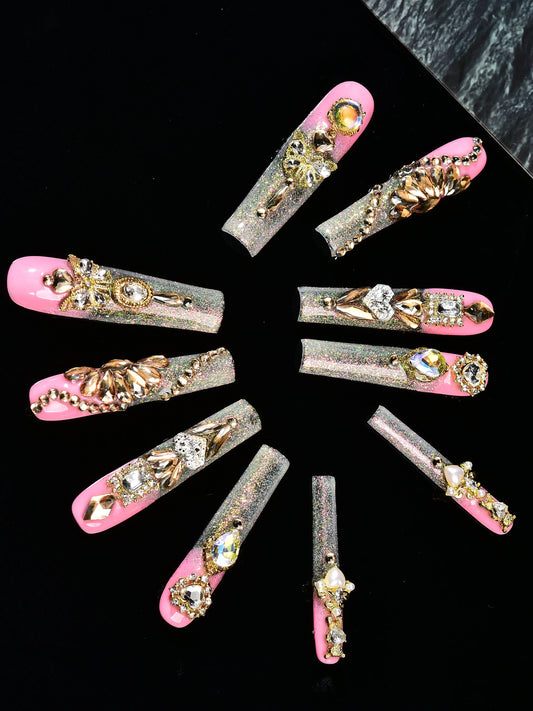 Gorgeous Detachable Nail Patches With Pressed Fake Nails Adorned With Pearls And Metal Diamonds